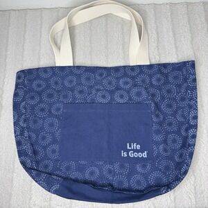 Life Is Good Blue Cotton‎ Tote Bag Floral Farmers Market Shopping Travel Pockets